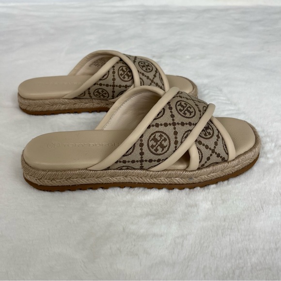 NWOT TORY BURCH T MONOGRAM CRISSCROSS ESPADRILLE SLIDES SIZE 8.5 - Picture 11 of 16